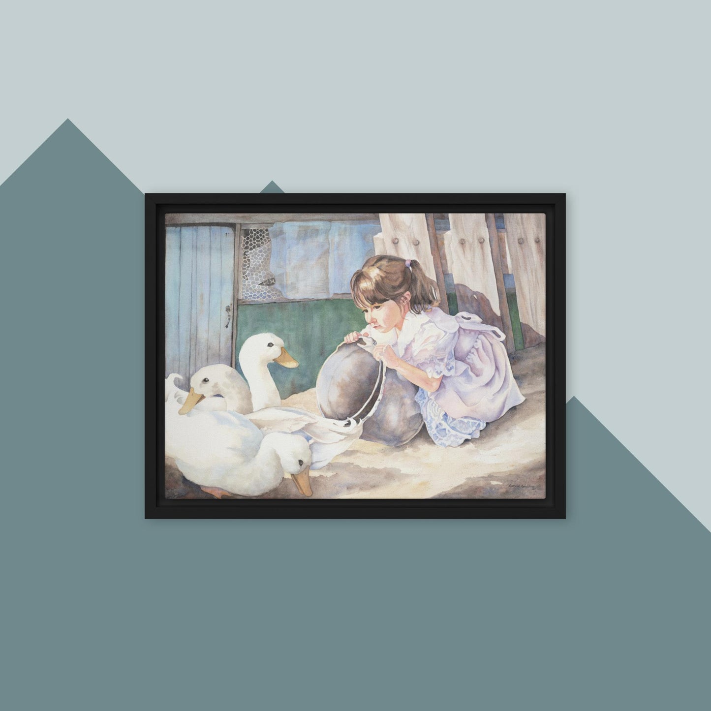 A Girl and Her Ducks - Framed canvas