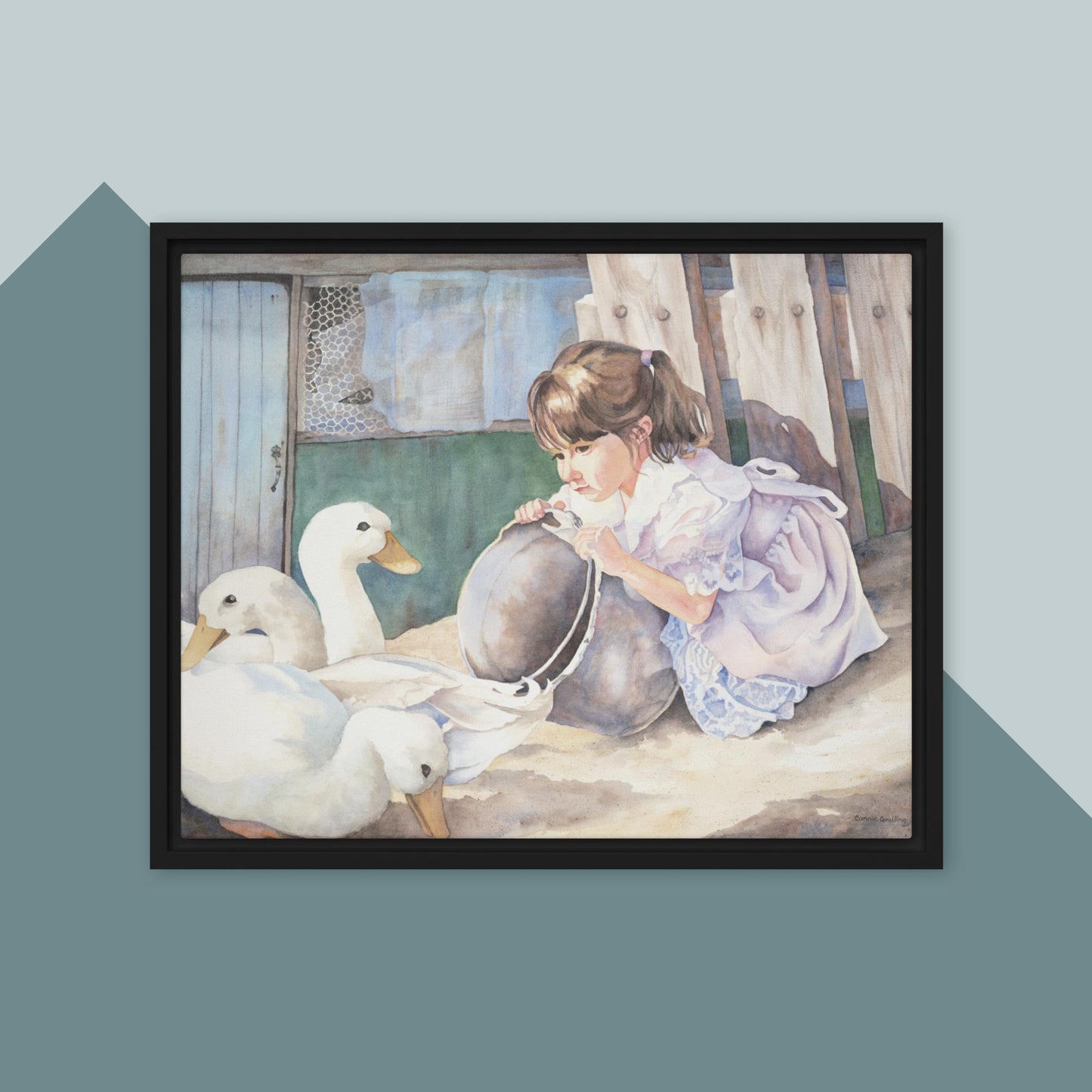 A Girl and Her Ducks - Framed canvas