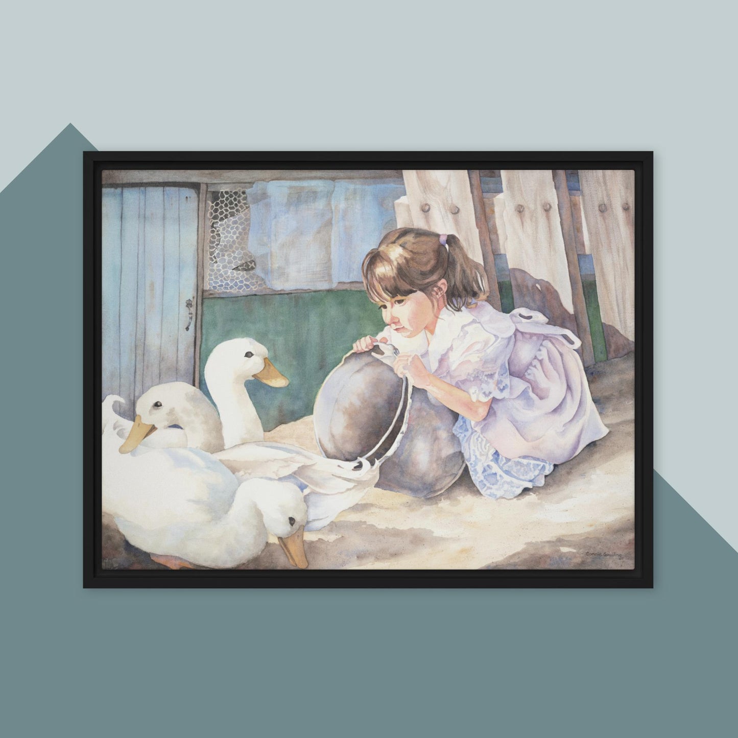 A Girl and Her Ducks - Framed canvas