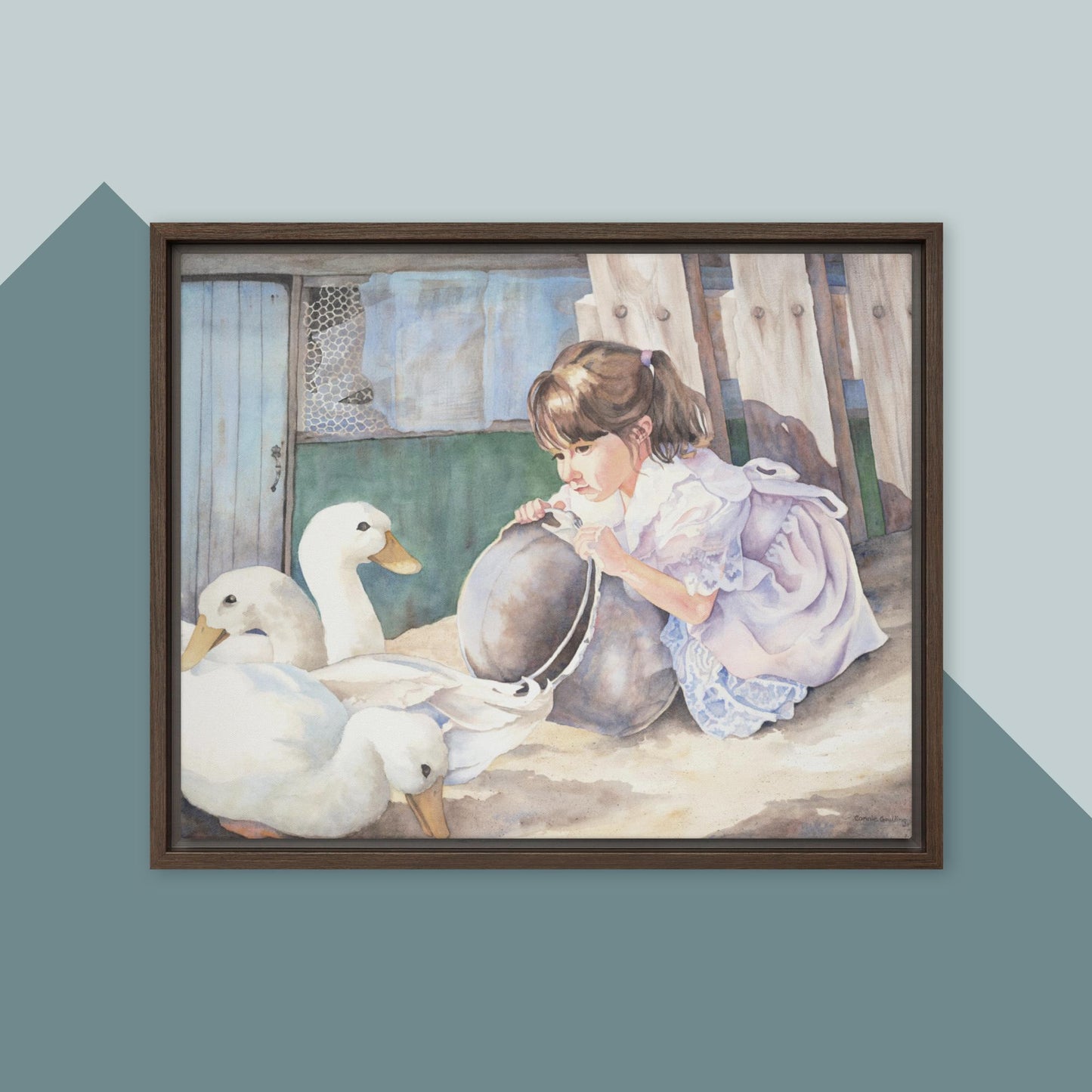 A Girl and Her Ducks - Framed canvas