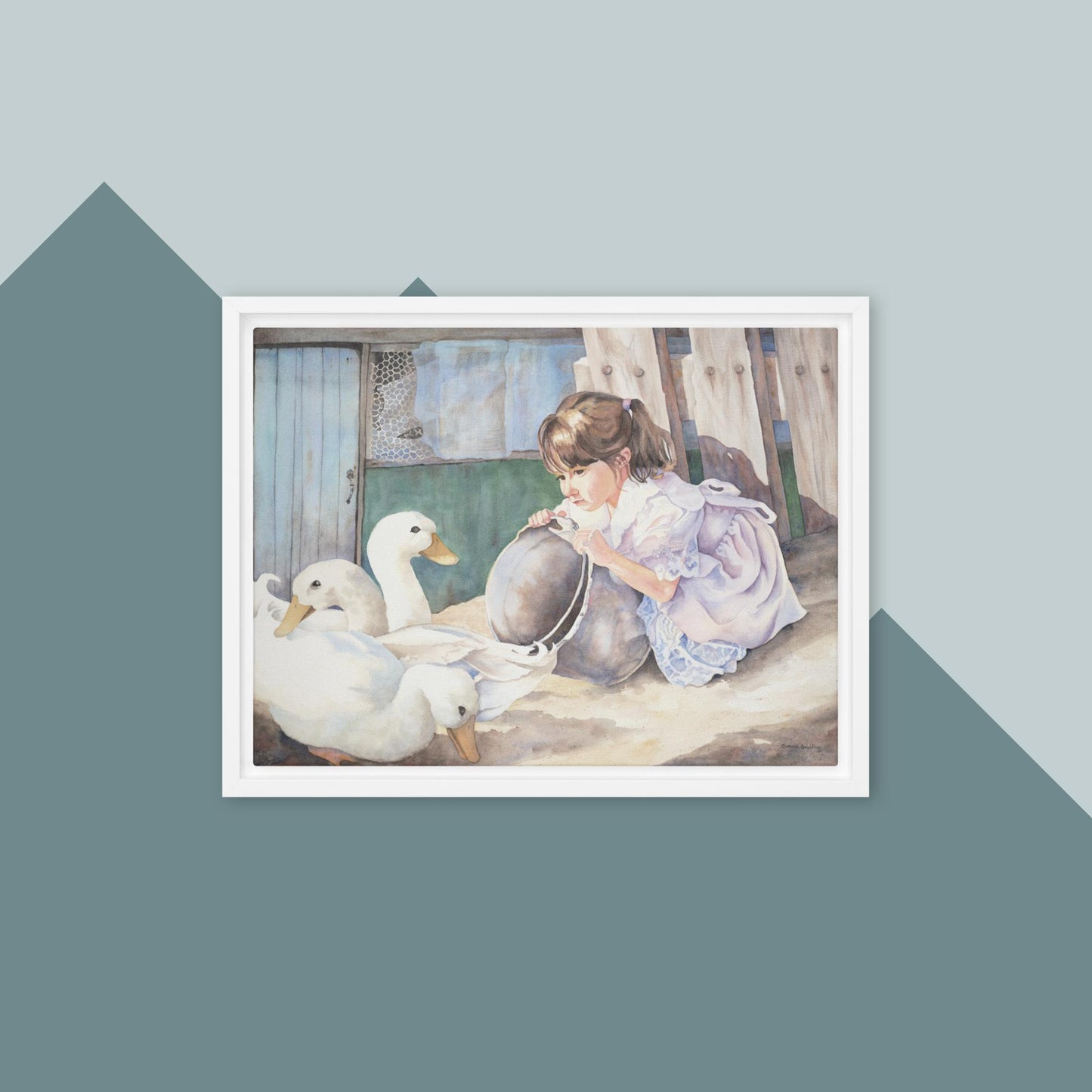 A Girl and Her Ducks - Framed canvas