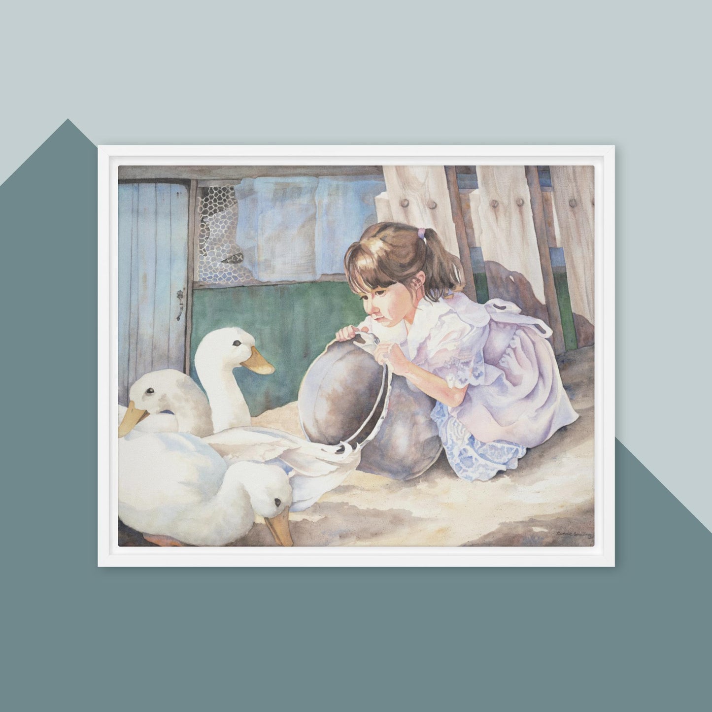 A Girl and Her Ducks - Framed canvas