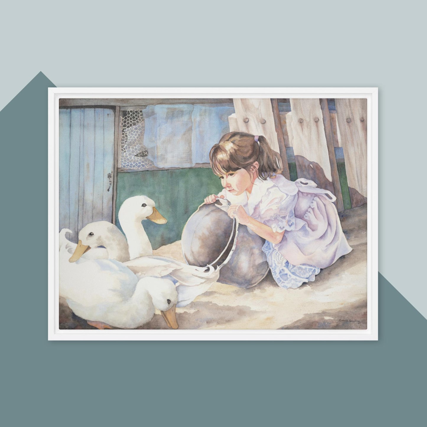 A Girl and Her Ducks - Framed canvas